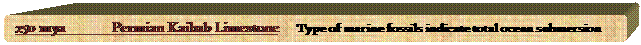 Rounded Rectangle: 250 mya	Permian Kaibab Limestone     Type of marine fossils indicate total ocean submersion

     
